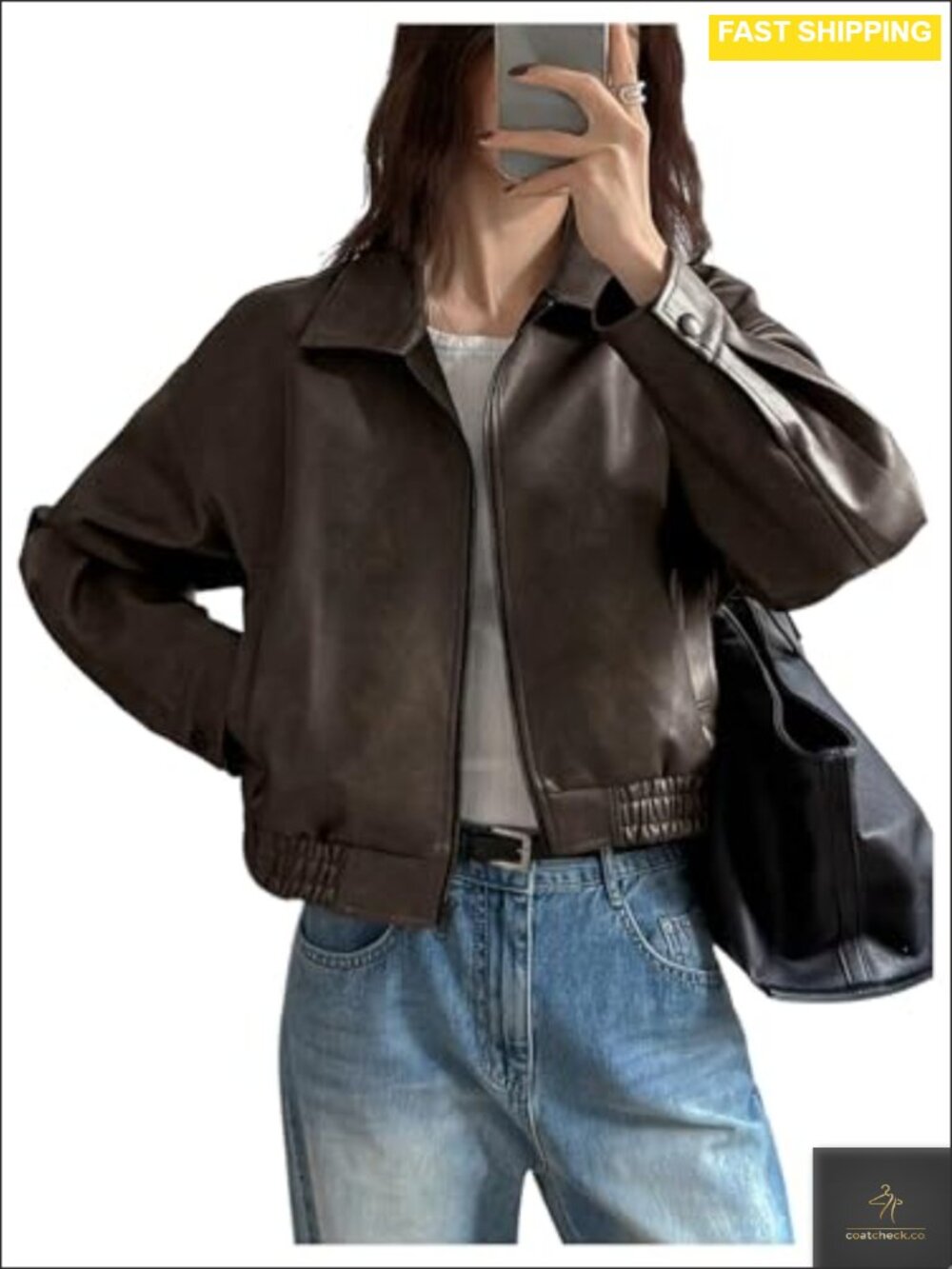 Faux Leather Zip Up Jacket Oversized Bomber Cropped Coat